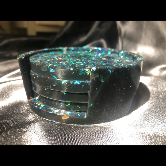 DISCOUNTED Rainbow Holographic Glitter Coaster Set With Matching Holder - Picture 10 of 17